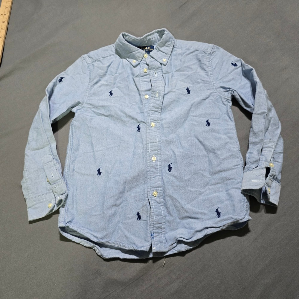 Polo Ralph Lauren Button Down Kids Size 7 Blue All Over Pony Embroidered Oxford